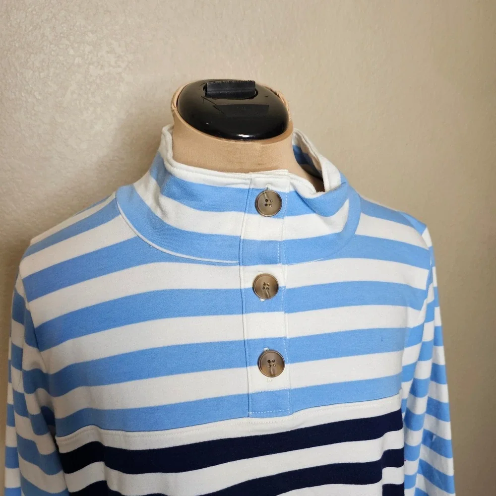 J.Crew Striped Mock Neck Pullover Henley Top Blue Navy Ivory White‎ Large